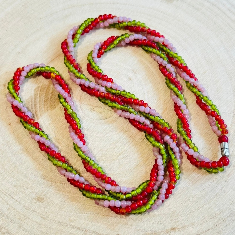 VTG pink candy cane Necklace colorful poured Glass beads pink red green rare 30"